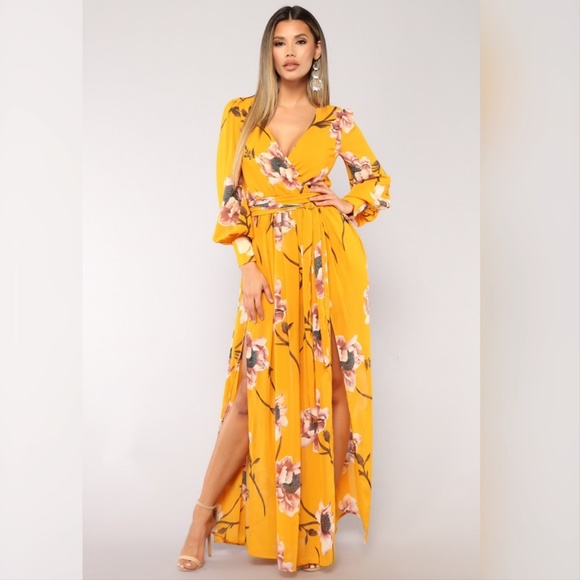 Fashion Nova Dresses & Skirts - Floral yellow side slits long maxi dress